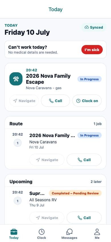 Crewzon mobile Today screen showing a contractor's active job, route and upcoming work.