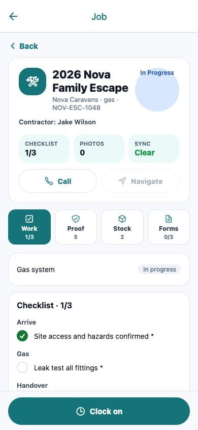 Crewzon mobile job screen showing job details, checklist progress, proof, stock and forms.