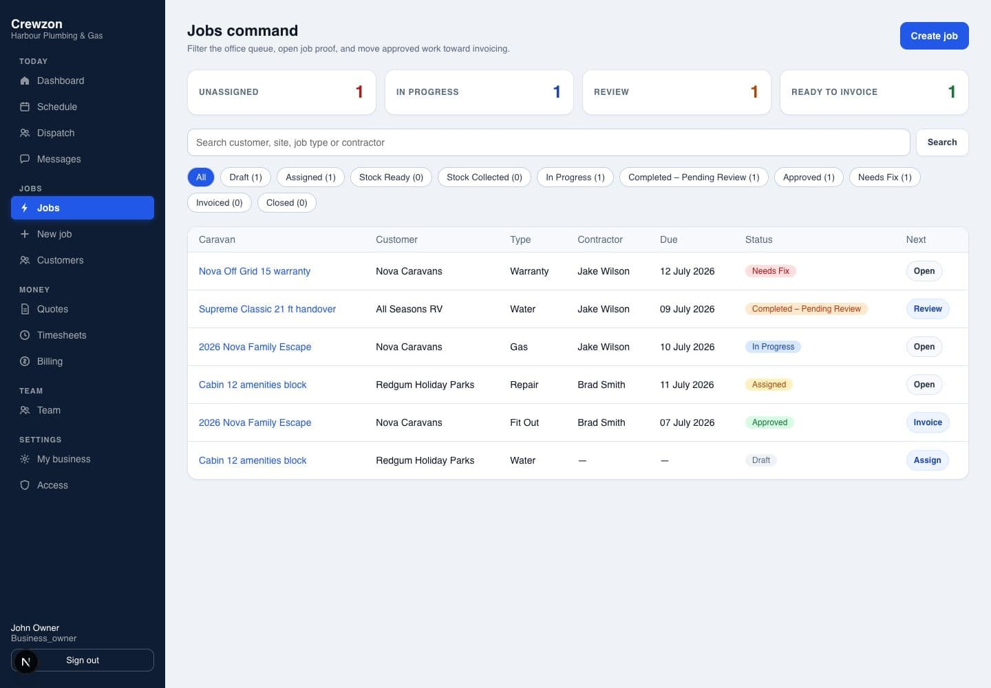 Crewzon jobs command screen showing job filters, status counts and an office queue.