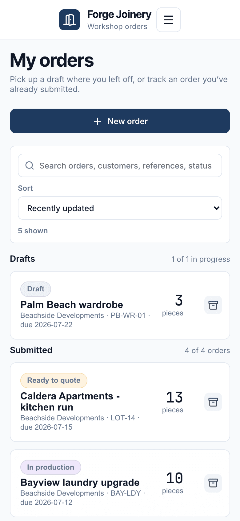 Forge Joinery mobile orders screen showing drafts, submitted orders and order status.